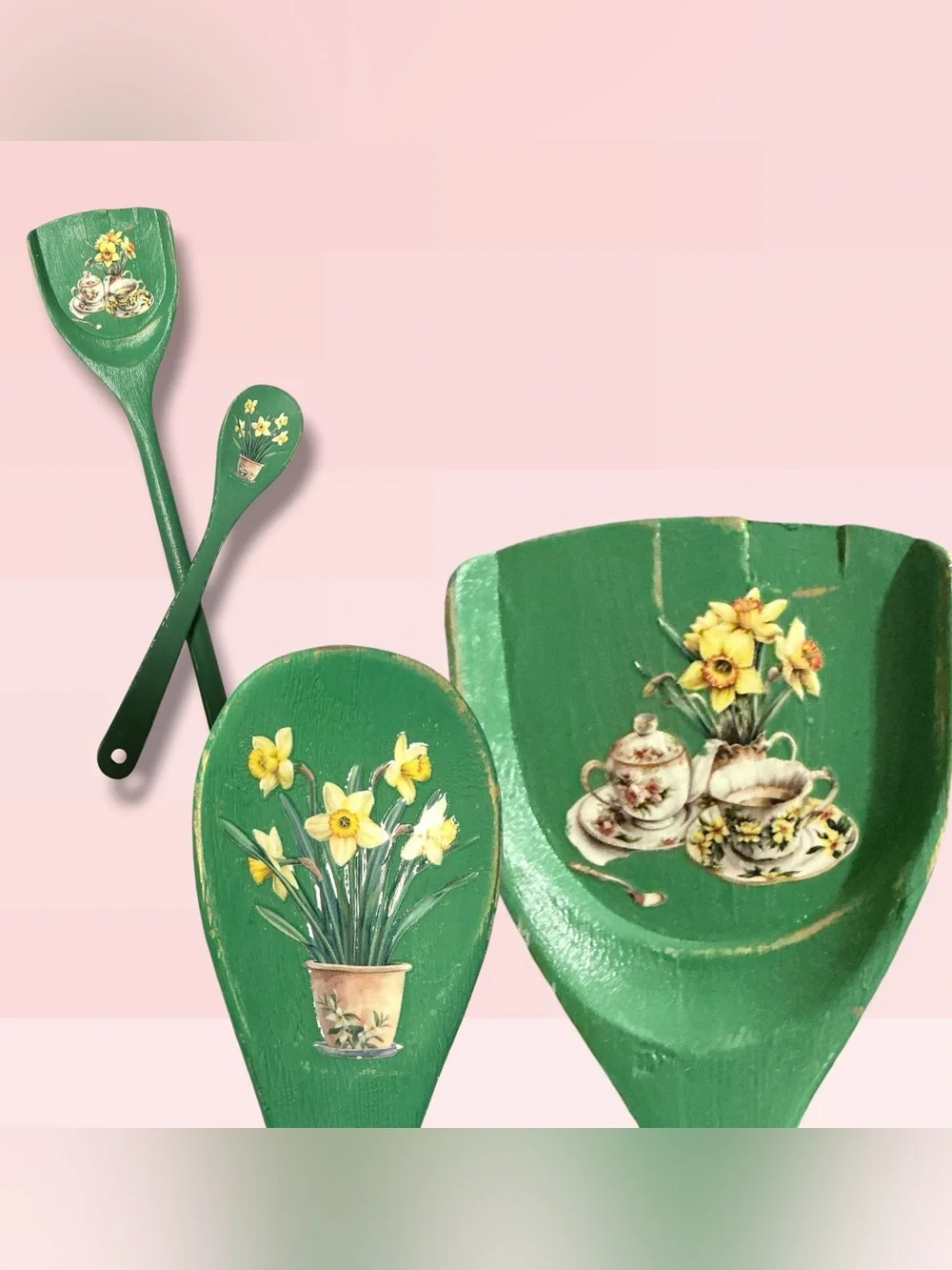 Vintage Folk Art Painted Wooden Utensils w/ Applied Decorative Cottage Cut-outs